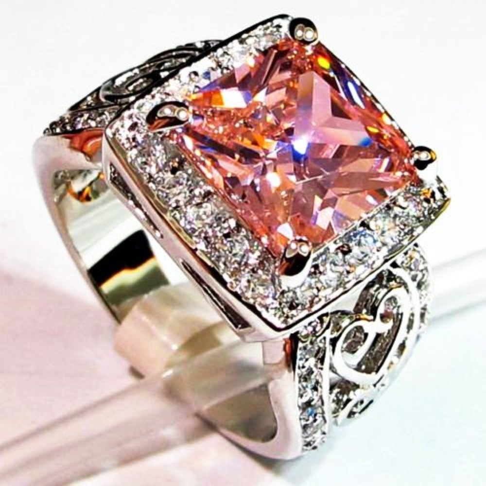 925 Silver Pink Princess Cut‎ CZ Halo Crystal Ring